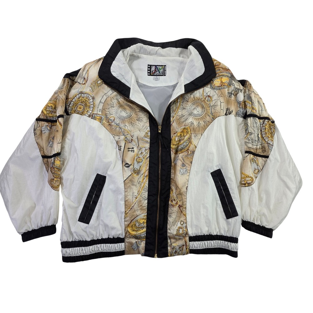 River Edge Sport 2X White Nautical Compass Print Vintage Windbreaker Jacket 90s